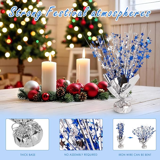 Metallic Star Spray Centerpieces 8 pack for Tables - Bulk 12.4" Foil Fountain Table Decorations for Large Events, Graduation 2026, Wedding Reception (Silver Blue Blend)