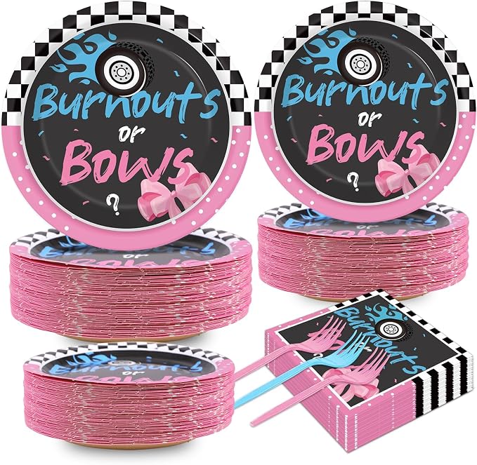 50 Guests Burnouts or Bows Gender Reveal Plates and Napkins Party Supplies Boys or Girls Baby Shower Party Decorations Disposable Tableware Set Gender Reveal Dinnerware Favor for Baby ,200PCS