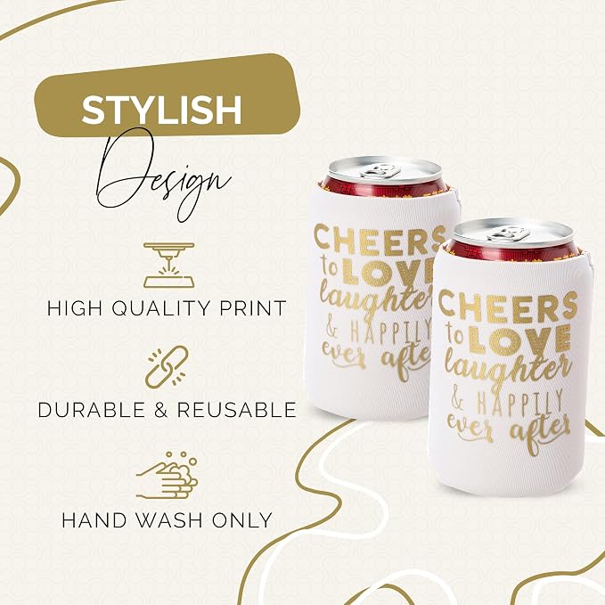 Wedding Can Cooler Decorations Set of 12 - Cheers to Love Laughter and Happily Ever After, Wedding Rehearsal Dinner Decorations - Bridal Showers, Engagement Party Favors for Guests and Supplies