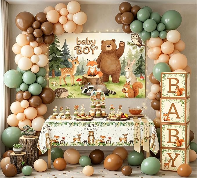 Woodland Baby Shower Decorations 140 PCS, Forest Animals Theme Party Supplies with 7x5ft Backdrop, Tablecloth, Balloon Arch Kit, Cake Toppers, Boxes, Mom to Be Sash, Baby Boy Shower Decorations