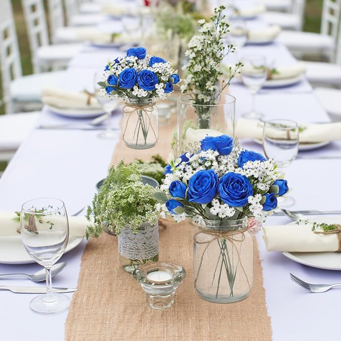 Zeyune 6 Sets Mason Jar Centerpiece Table Decorations, Artificial Peony Baby's Breath Flower Bouquets, Faux Flowers with Vase, Rustic Decor Gifts for Home, Wedding, Holiday (Royal Blue)