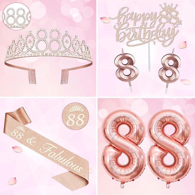 88th Birthday Decorations for Women, Including 88th Birthday Sash and Tiara, Cake Topper and Candles, Number Balloons, 88 Year Old Gifts for Women