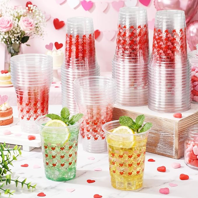 100 Pcs Wedding Plastic Cups 16 oz Clear Disposable Romantic Heart Cups Bulk for Bridal Shower Engagement Anniversary Supplies Beverage Snack