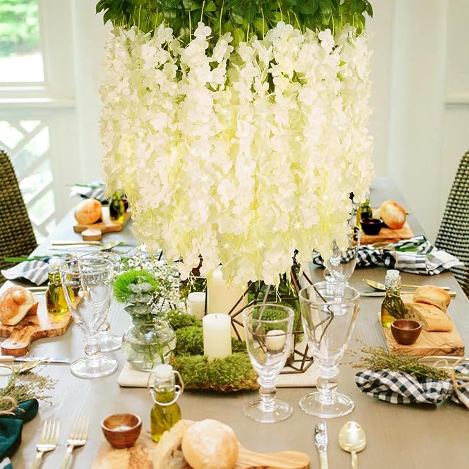 24Pcs Artificial Wisteria Hanging Flowers with Lights, 3.6Ft/Pcs White Fake Wisteria Garland for Wedding Party Home Garden Indoor Outdoor Decoration
