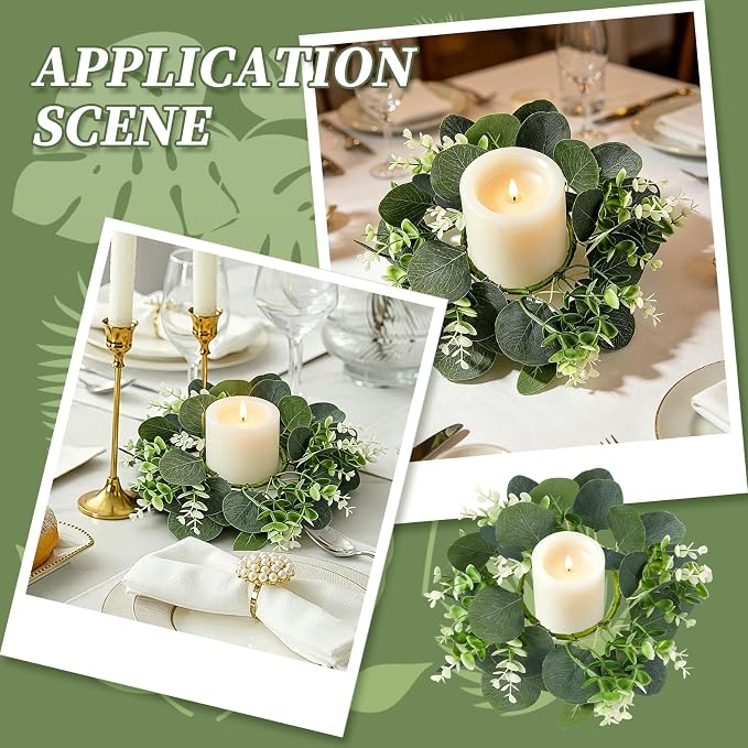 8PCS Eucalyptus Candle Rings Wreaths, Artificial Greenery Faux Kitchen Cabinet Wreath,Spring Wreath with Burlap Ribbon, Pillar Candle Holder Wreath for Porch Wall Window Farmhouse Wall Home Decor