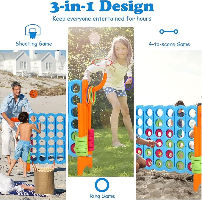 Costzon Giant 4-in-A-Row, Jumbo 4-to-Score Giant Game w/Basketball Hoop, Ring Toss, Quick-Release Slider, 42 Jumbo Rings, Indoor Outdoor Family Connect Game for Kids & Adults, Backyard Games, Orange
