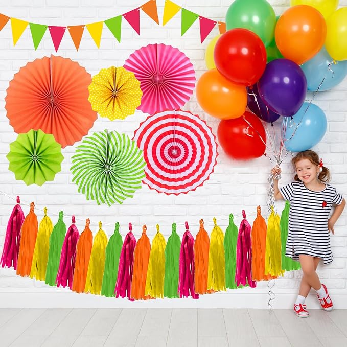 Hawaiian Luau Party Decorations Set Neon Colored Party Hanging Paper Fan Birthday Tissue Pom Poms Streamers Summer Party Supplies Tassel Garland Banner