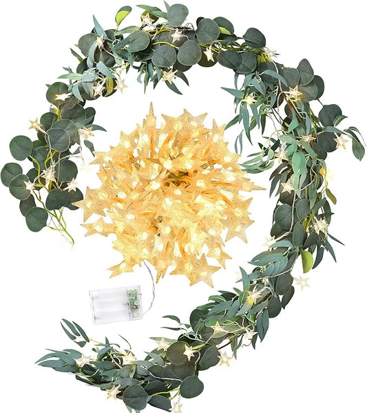 FiveSeasonStuff Woodland Whispers: Rustic Willow and Eucalyptus Garlands with 33 Feet 80 LED Star String Lights (USB)