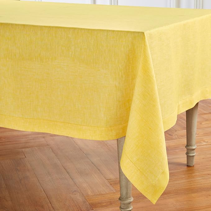 Solino Home Linen Tablecloth 60 x 120 Inch - 100% Pure Linen Chambray Lemon Yellow Table Cloth for Rectangular Tables - Athena, Machine Washable Cloth Tablecloth for Summer
