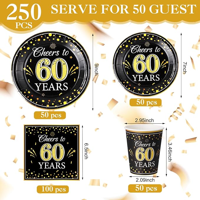 Pickmesh 250 Pcs 60th Birthday Party Supplies Decorations Serve 50 Black Gold Cheers to 60 Years Disposable Paper Plates Napkins and Cups for Women Men 50th Birthday Wedding Anniversary Party Supplies