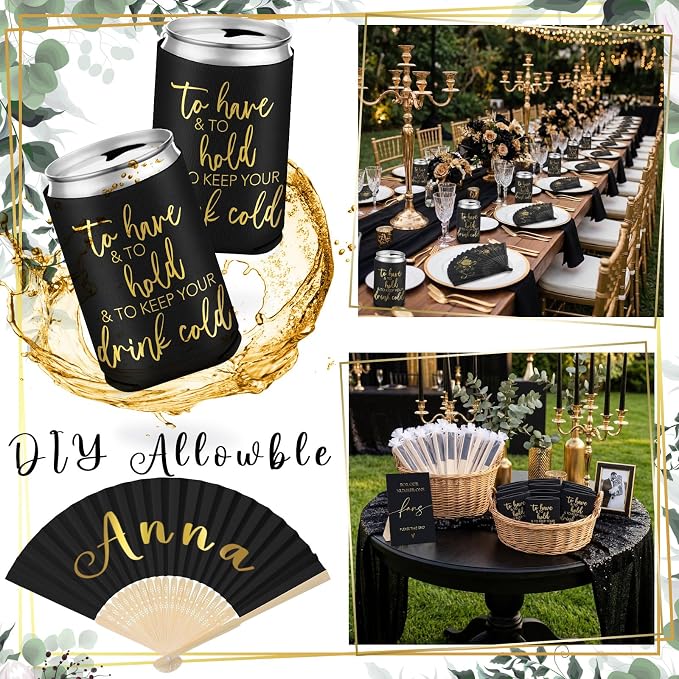 Hoteam 25 Sets Wedding Party Favors for Guests Bulk Including Can Cooler and Paper Folding Fans with Wedding Decor Table Sign Cheers to Love for Bridal Shower Party Souvenir(Classical,Black)