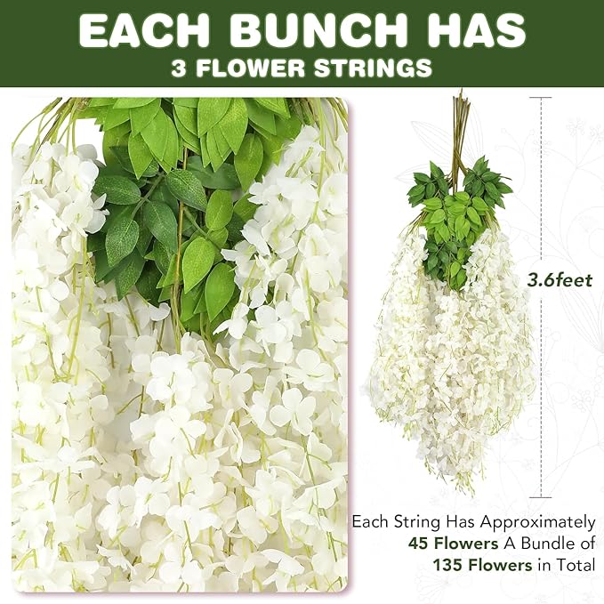 Alotiki Wisteria Hanging Flowers,36 Pack Fake Hanging Flowers,Wisteria Artificiales Garland for Home Wedding Arch Floral Party Garden Ceremony Outdoor Decor,3.6 Feet Long(36,White)
