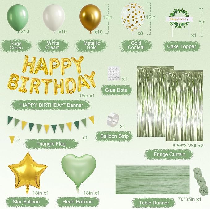 Sage Green Birthday Decorations, Boho Birthday Party Decorations with Green Gold Balloons Table Runner Happy Birthday Banner, Neutral Birthday Decorations for Women Adults