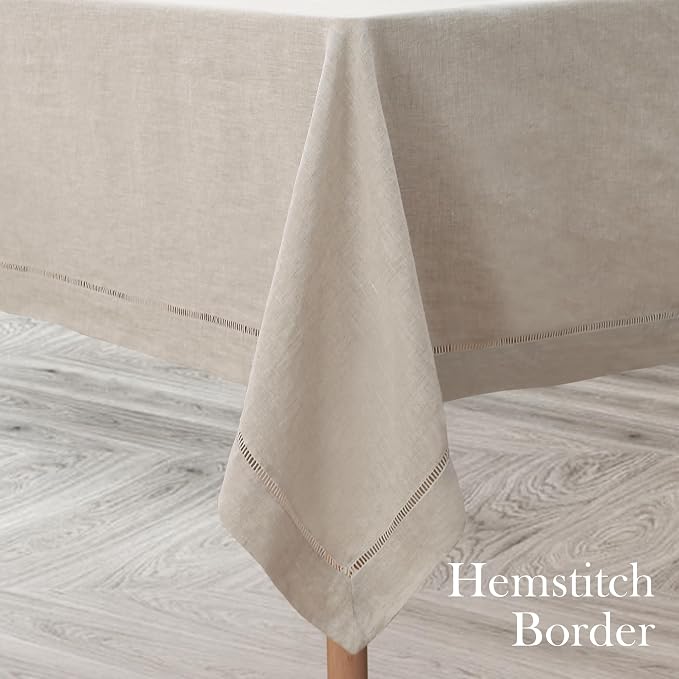 Linen World Hemstitch Linen Tablecloth,French Linen Natural Tablecloth 55" x 55" Inch,Washable Square Table Cloth for Dining,Outdoor,Weddings and Restaurants,Decorative Thanksgiving Christmas