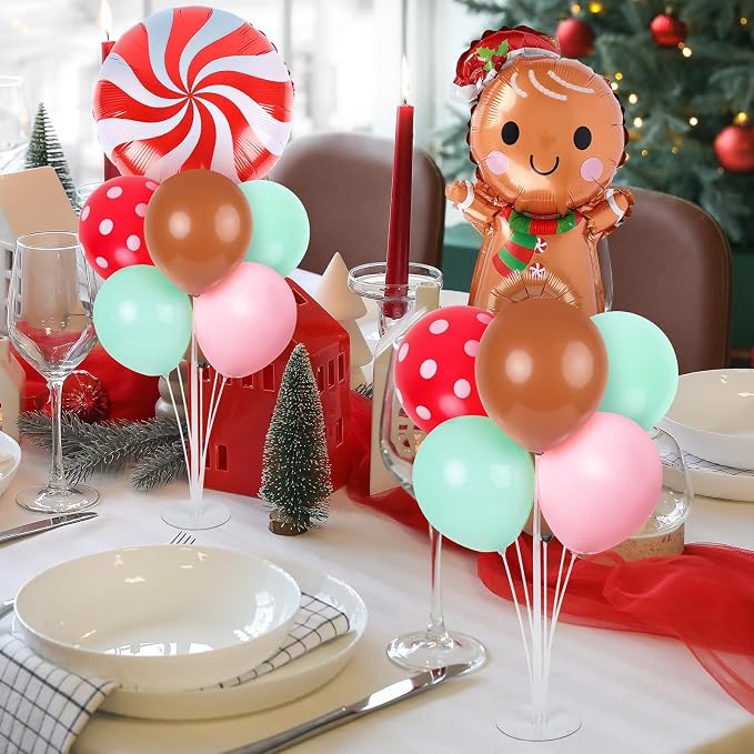 6 Sets Christmas Gingerbread Balloon Stand Kit for Table with Gingerbread Man Candy Cane Foil Balloon Centerpiece for Christmas Theme Xmas Birthday Holiday New Year Party Table Decorations