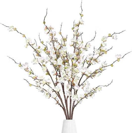 Sggvecsy Artificial Plum Blossom Flowers 4 Pcs Faux Cherry Blossom Stems Faux Silk Plum Blossom Branches 36.2’’ Fake Flowers Long Stems for Vase Arrangements Home Wedding Table Decor (White)