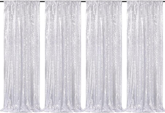 Silver Sequin Backdrop Curtains-4 Panels 2FTx8FT Silver Backdrop for Valentines Day, Glitter Party Decorations Background Drapes for Wedding Birthday Anniversary Graduation Photo Booth Decor
