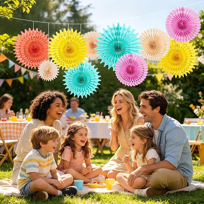 SUNBEAUTY Pack of 11 Peach Pink Yellow Mint Green Hanging Honeycomb Round Paper Fans for Birthday Baby Shower Bachelorette Anniversary Wedding Photo Booth Backdrop Party Decoration