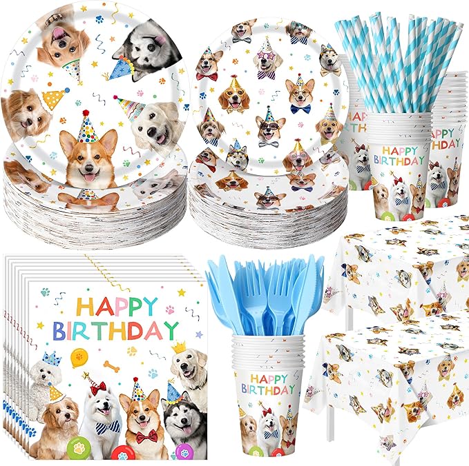 Potchen 452 Pcs Party Supplies Serve 50 Guests, Paper Plates Napkins Cups Cutlery Plastic Tablecloth Dinnerware for Birthday Wedding Party Decoration(Colorful, Dog Birthday)