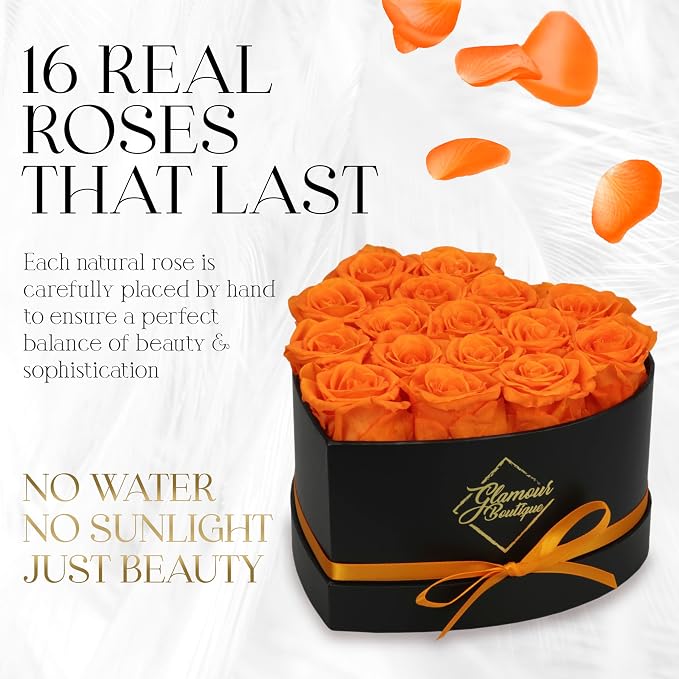 GLAMOUR BOUTIQUE 16 Flower Forever Heart Shape Box, Mothers Day Gift For Mom, Eternal Preserved Roses Gift for Her, Flowers bouquet, For Birthday, Anniversary, Girlfriend - Orange (Color-Treated)