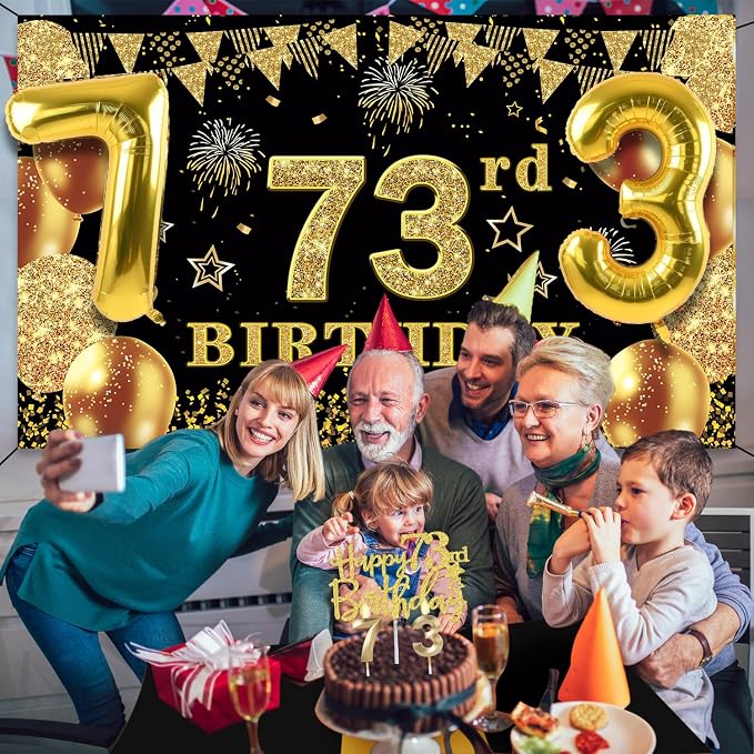 73rd Birthday Decorations Men Women with 73rd Birthday Banner, Black and Gold Table Cloth, Number Balloons, Sash, Cake Topper and Candles