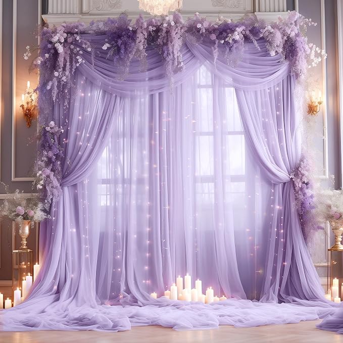 20ft x 10ft Purple Backdrop Curtain with Lights String for Parties, Sheer Tulle Wedding Photo Backdrops Drapes for Baby Shower Birthday Party Decorations Background for Photography