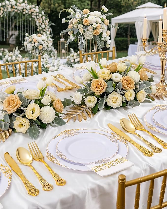 Ciaell 300PCS White and Gold Plastic Plates - Gold Disposable Dinnerware Sets for 50 Guests - 100 Plates, 50 Knives, 50 Forks, 50 Spoons, and 50 Napkins for Wedding, Anniversary, Party
