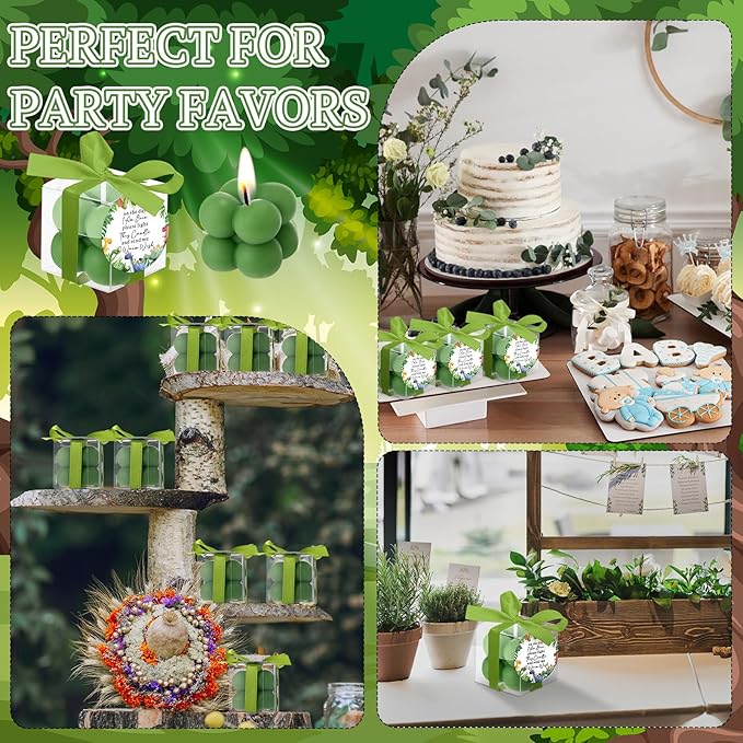 MTLEE 24 Sets Dinosaur Baby Shower Favors Small Bubble Candle Baby Shower Favors for Guests Tea Candles Bulk with Stylish Ribbons Cards Gifts Party Decoration(Army Green,Dinosaur)