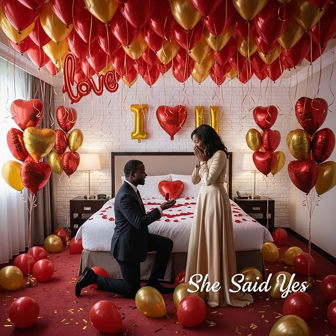 I Love You Balloons for Him/Her Balloons Red gold romantic balloon kit with Red heart LOVE mylar balloons Red rose petals for hotel Decorations Valentines Party wedding anniversary supplies