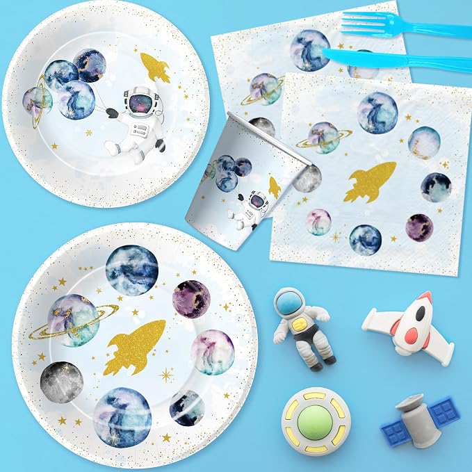 Space Theme Party Supplies For Boy - Galaxy Outer Space Planet Astronauts Party Decorations for Birthday Baby Shower, Paper Plate, Cup, Napkin, Tablecloth, Tableware | Serves 24