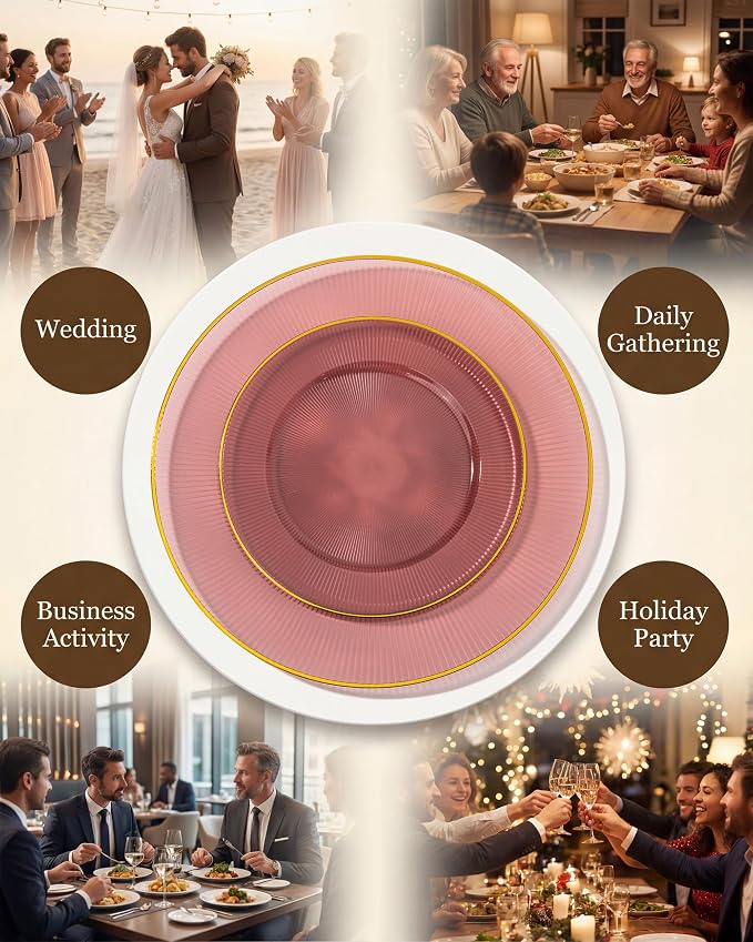 Hioasis 60pcs Burgundy and Gold Plastic Plates - Burgundy Disposable Dinnerware Set, 30pcs Dinner 10in & 30pcs Dessert 7in Plates with Striped Designs for Party & Wedding