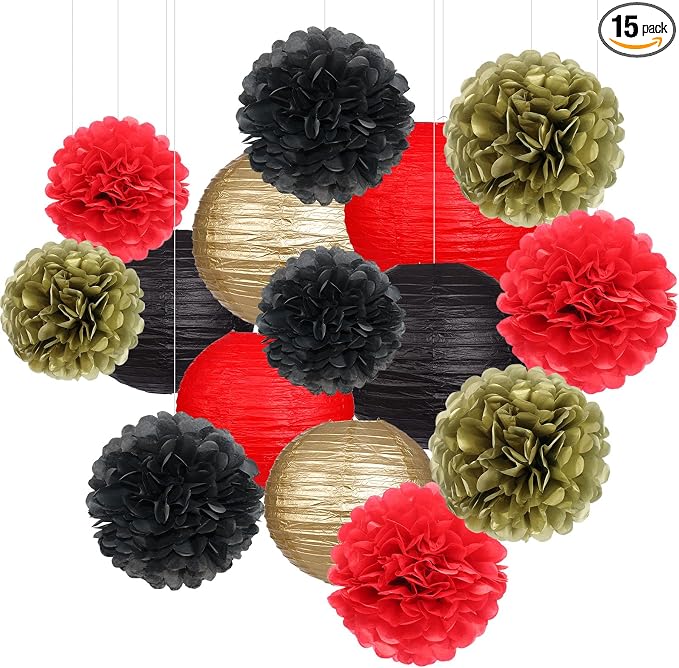 zilue Red and Black Party Decorations, Paper Lanterns and Pom Poms Flowers for Birthday Party New Years Retirement Decor Pack of 15 Pieces
