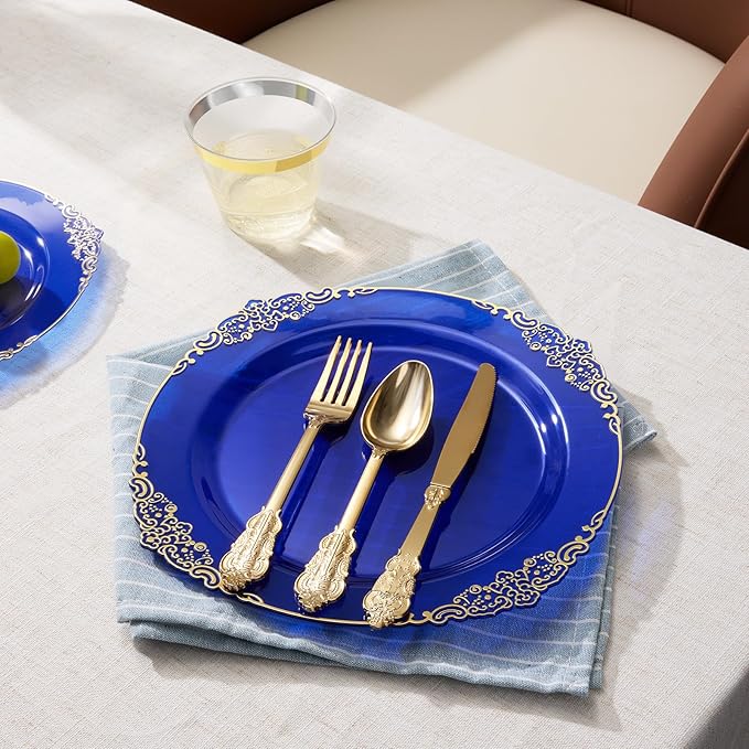 Goodluck 250 PCS Vintage Translucent Blue & Gold Rim Plastic Plates with Cutlery Set - Serves 50 - Heavy Duty Elegant Disposable Dinnerware for Baby Shower, Ocean Theme Party