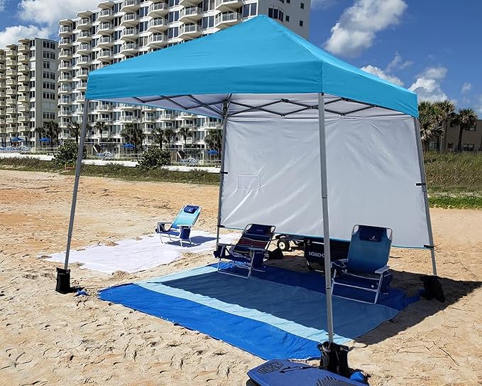 ABCCANOPY Outdoor Pop Up Canopy 10x10 Beach Camping Canopy with 1 Sun Wall, Bonus Backpack Bag, Stakes and Ropes, Sky Blue