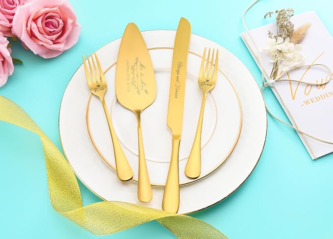 Wedding Cake Knife and Server Set, Gold Cake Cutting Set for Wedding, 4 Pieces Set with Forks for Engagements, Anniversaries, Bride and Groom