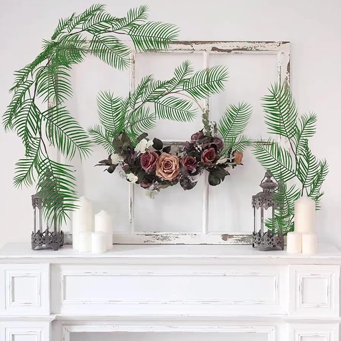 RECUTMS Artificial Palm Leaves Vine 6FT Fake Tropical Greenery Garland Faux Hanging Ivy Vines Wreaths Indoor Outdoor Home Wedding Jungle Hawaiian Luau Party DIY Fireplace Mantle Table Decoration