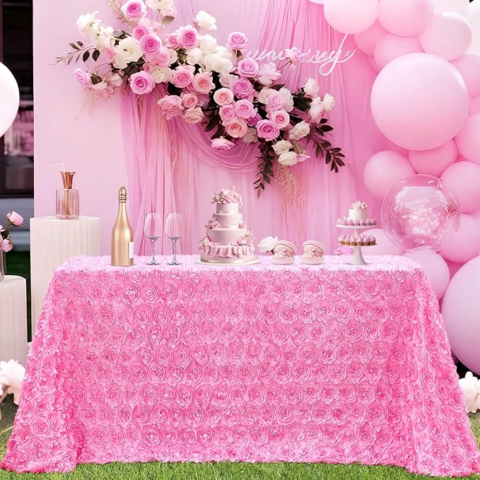 B-COOL 90x156 Inch Rosette Tablecloth Pink Rectangular Birthday Fabric Covers 3D Floral Satin Tablecloth Party Table Covers Boho Wedding Engagement Table Decoration