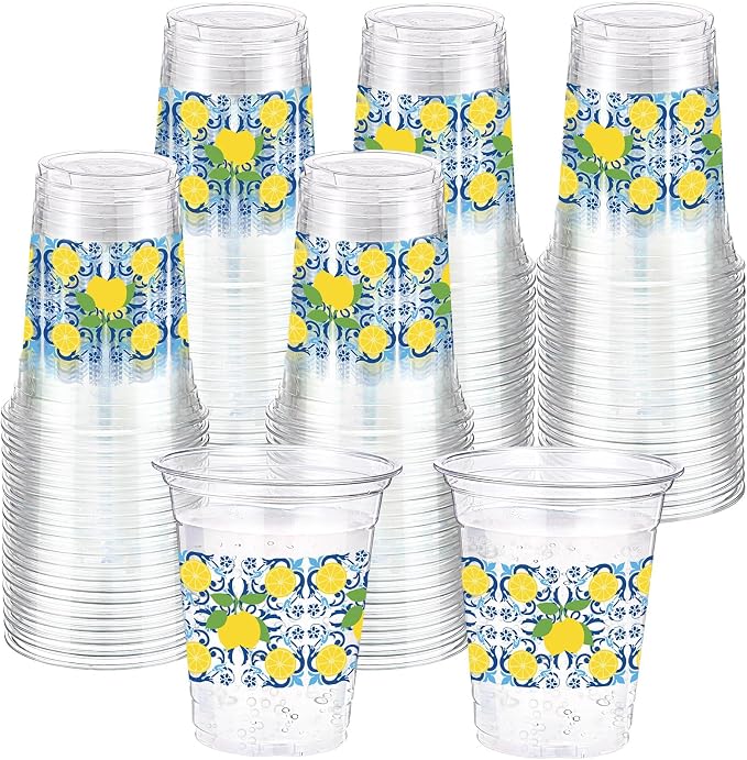 Jingmore 100 Pcs Capri Lemon Plastic Cups 12oz Blue Tiles Yellow Lemon Disposable Clear Plastic Drinking Cups for Birthday Wedding Bridal Baby Shower Summer Citrus Fruit Party Decorations Supplies