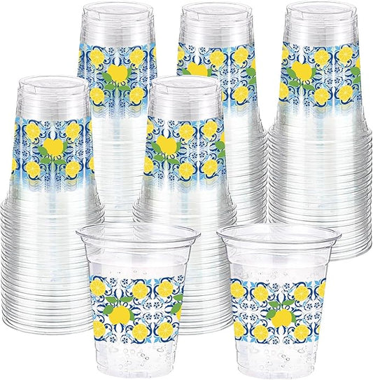 Jingmore 100 Pcs Capri Lemon Plastic Cups 12oz Blue Tiles Yellow Lemon Disposable Clear Plastic Drinking Cups for Birthday Wedding Bridal Baby Shower Summer Citrus Fruit Party Decorations Supplies
