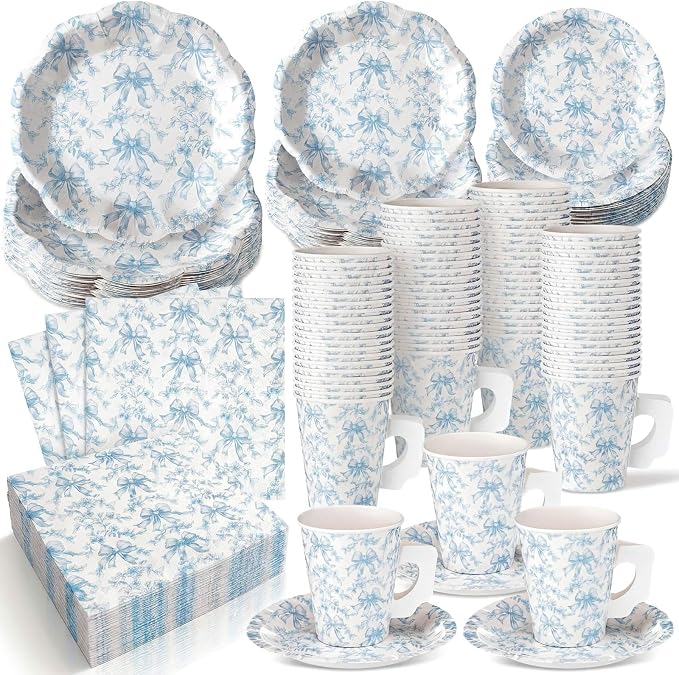 Pickmesh 252 Pcs Blue Bow Floral Tea Party Supplies for 36 Guests Flower Paper Disposable Dinnerware Flower Teacup with Handle and Saucers Set for Tea Party Decorations Birthday Baby Shower Wedding