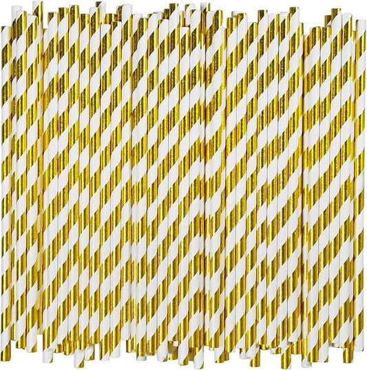 7.75 inch Gold/White Striped Paper Drinking Straws 1000 Counts for Cocktail, Party, Wedding - Disposable, Unwrapped