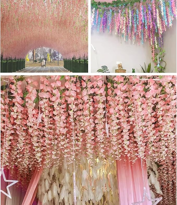 36 Pack Artificial Wisteria Hanging Flowers Fake Wisteria Flower Garland Silk Vines Rattan Decor for Home Wedding Arch Wall Garden Greenery Bedroom Outdoor Office Party Decoration (Light Pink)