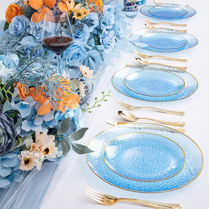 Rubtlamp 60Pcs Clear Blue Plastic Plates, Hammered Blue Plates, Clear Fancy Disposable Plates With Gold Rim Include 30 Dessert Plates, 30 Dinner Plates for Party