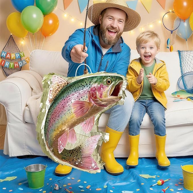 WERNNSAI Rainbow Trout Piñata - Fishing Party Decorations Trout Fish Piñata with Blindfold and Stick for Men Fishing Birthday Decorations Father's Day Celebration Carnival Supplies