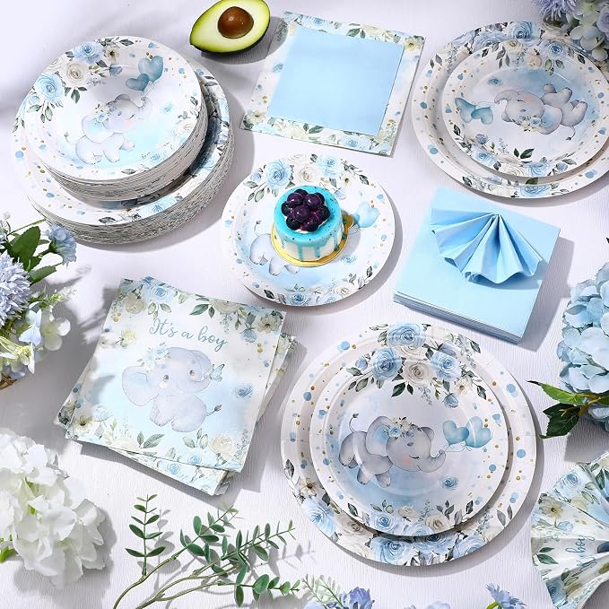 Funnymoom 200 Pcs Elephant Baby Shower Party Supplies Kit It's a Boy Disposable Paper Dinner Plates Dessert Plates Baby Gender Reveal Napkins for Blue Floral Elephant Baby Shower Party 50 Guests