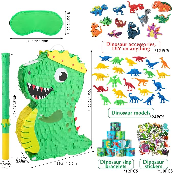 Dinosaur Birthday Party Favors Piñata Set Dino Decoration with Blindfold and Baton, 16 * 12 * 3 Inches, Dragon Pinata Green