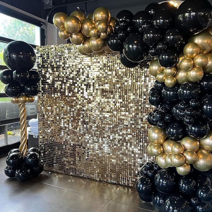 COKAOBE Light Gold Shimmer Wall Backdrop, 48PCS Square Sequin Shimmer Backdrop Panel, Photo Backdrops for Birthday, Anniversary, Wedding, Graduation & Bachelorette Party Decoration