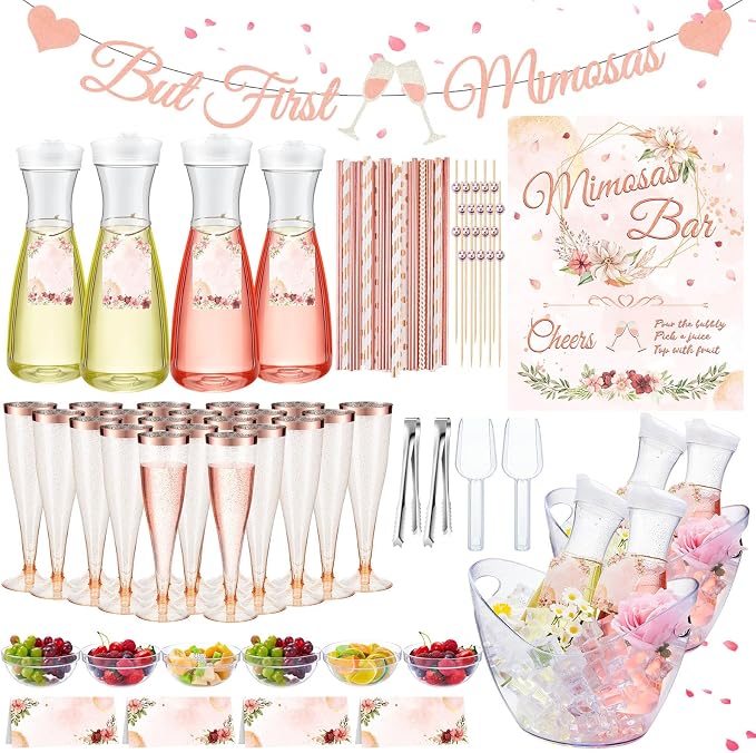 Pickmesh 237 Pcs Mimosa Bar Set up Supplies Kit - 2 Acrylic Beverage Tubs, 4 Carafes, 6 Bowls, 20 Champagne Flutes, 100 Straws & Picks, Banner, Mimosa Bar Gift Ideas for Bridal Shower Decoration