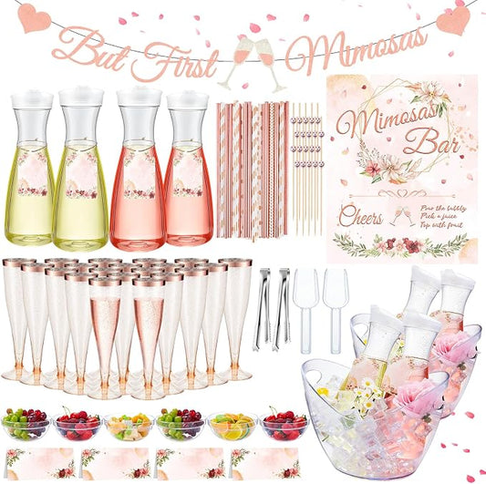 Pickmesh 237 Pcs Mimosa Bar Set up Supplies Kit - 2 Acrylic Beverage Tubs, 4 Carafes, 6 Bowls, 20 Champagne Flutes, 100 Straws & Picks, Banner, Mimosa Bar Gift Ideas for Bridal Shower Decoration