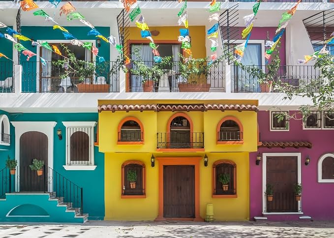 BELECO 8x6ft Fabric Old Streets Backdrop Traditional Colorful Houses Building Paper Flags Mexican Fiesta Background Theme Party Decorations Photo Booth Studio Props